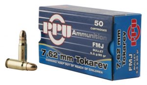 7.62x25mm Tokarev Ammunition (PPU) 85 grain 50 Rounds