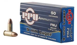 9mm Luger Ammunition (PPU) 115 grain 50 Rounds